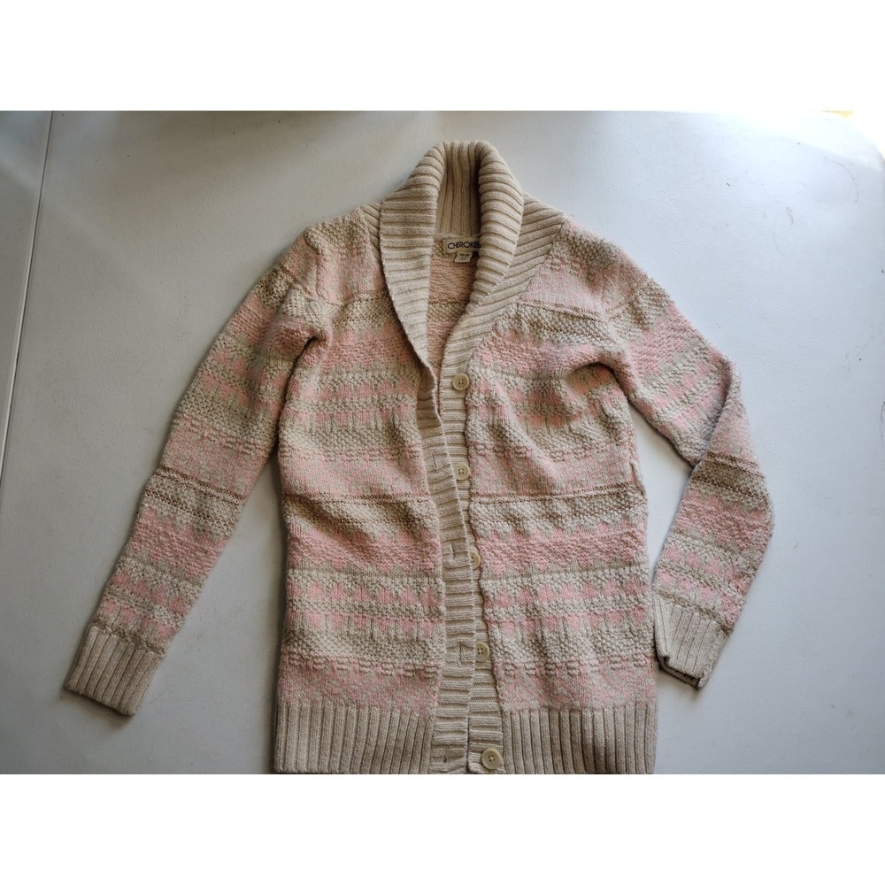 Cherokee Girls Pink Cream Fair Isle Shawl Collar Button‎ Cardigan Sweater M 7-8
